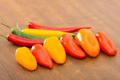 Close-up of red chili peppers on table