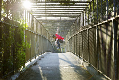 Man skateboarding on bridge