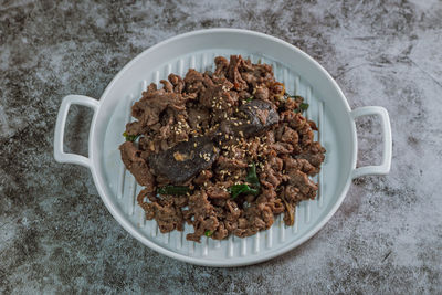 High angle view of food in bowl on table