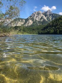 Scenic view of lake by mountains against sky