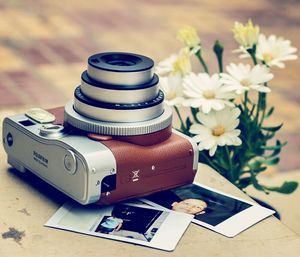 High angle view of camera on table