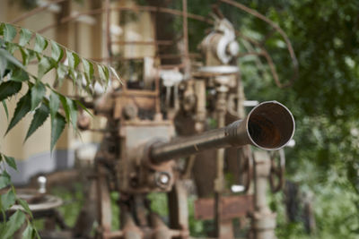 Close-up of rusty metal structure by plants