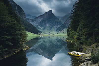 Scenic view of lake and mountains against sky