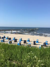 Scenic view of sea against clear blue sky