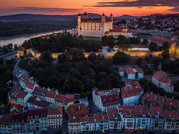 High angle view of townscape against sky at sunset