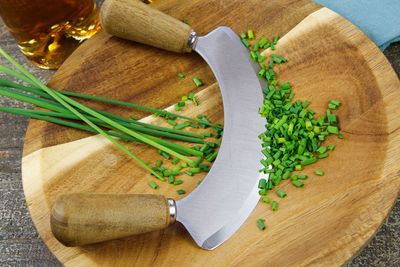 High angle view of chopped vegetables on cutting board