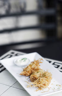 High angle view of food served in plate