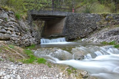 View of stream flowing through rocks in forest