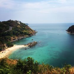 High angle view of bay against sky