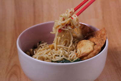 Close-up of meal served in bowl on table