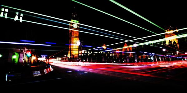 Light trails on road at night
