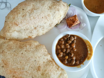 High angle view of breakfast served on table