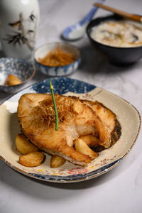 High angle view of food in plate on table