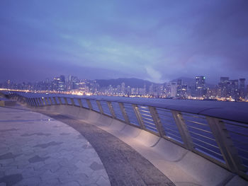 Illuminated city by river against sky at dusk