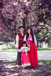 Korean family in national costumes in nature stands next to a cherry blossoming tree.