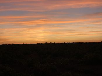 Scenic view of silhouette field against orange sky