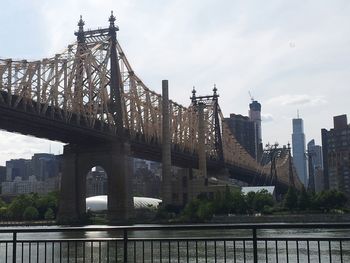 Bridge over river with city in background