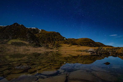 Scenic view of mountains against sky at night