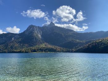 Scenic view of lake by mountains against sky