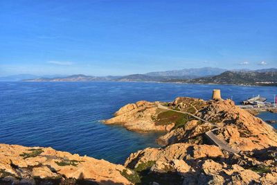 Scenic view of sea against blue sky