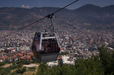 High angle view of overhead cable car and buildings in city