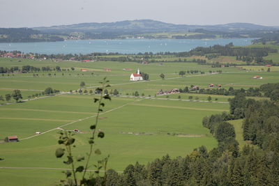 View from above, german village, fields and lake