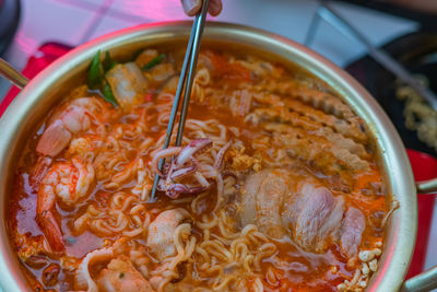 High angle view of soup in bowl