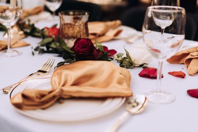 Close-up of roses in plate on table