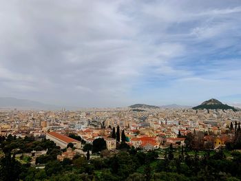 High angle shot of townscape against sky