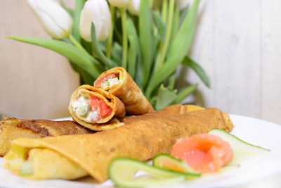 Close-up of breakfast served in plate
