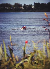 Boats in calm lake