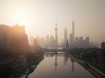 Reflection of buildings in city at sunset