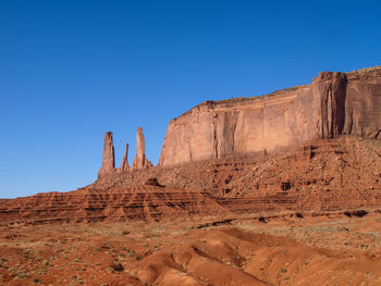 Rock formations on landscape against blue sky