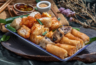 Close-up of food served on table