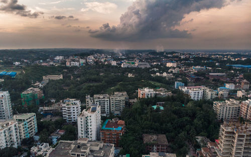 High angle view of townscape against sky at sunset