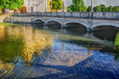 Arch bridge over river in city