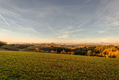 Scenic view of field against sky during sunset