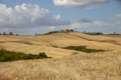 Scenic view of farm against sky