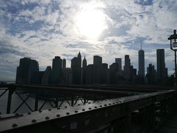 View of skyscrapers in city against cloudy sky