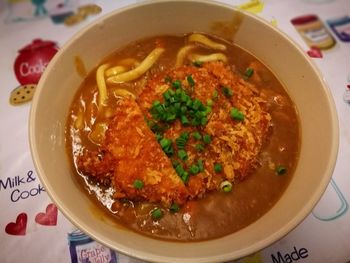 High angle view of soup in bowl