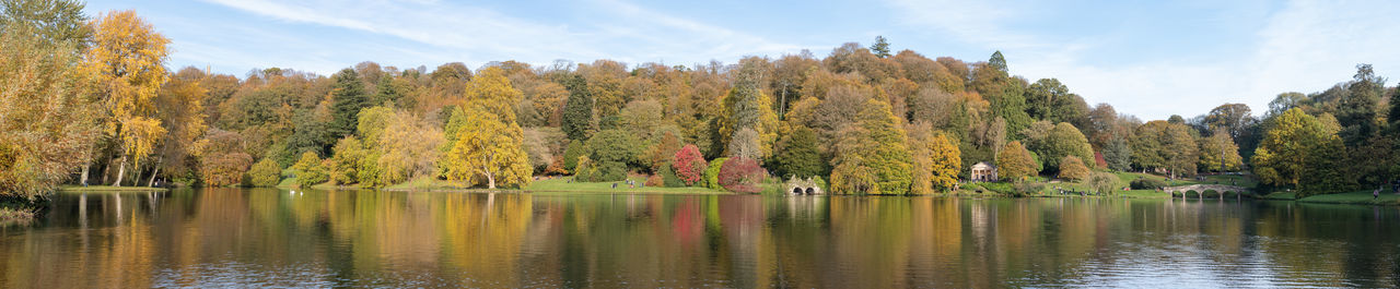 Panoramic photo of the autumn colours around the lake at stourhead gardens in wiltshire.