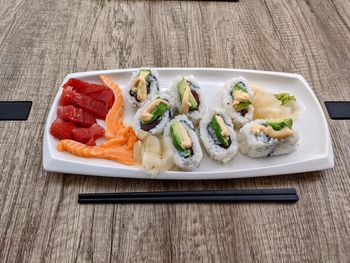 High angle view of food in plate on table