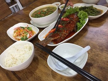 High angle view of food served on table