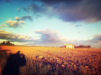 Hay bales on field against sky