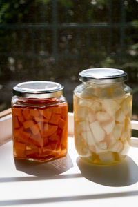 Close-up of juice in glass jar on table