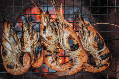 Directly above shot of shrimps on barbecue grill