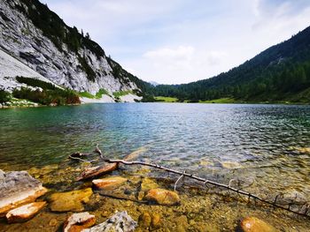 Scenic view of lake and mountains against sky