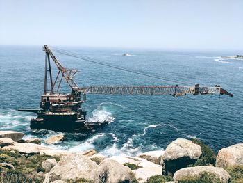 High angle view of drilling rig in sea 