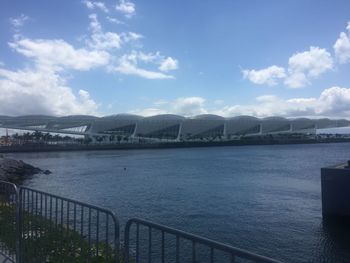 Scenic view of river by bridge against sky