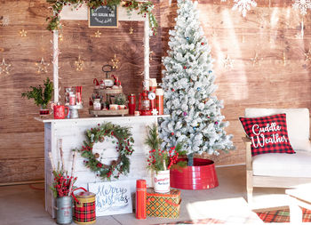 Potted plant on table at christmas tree